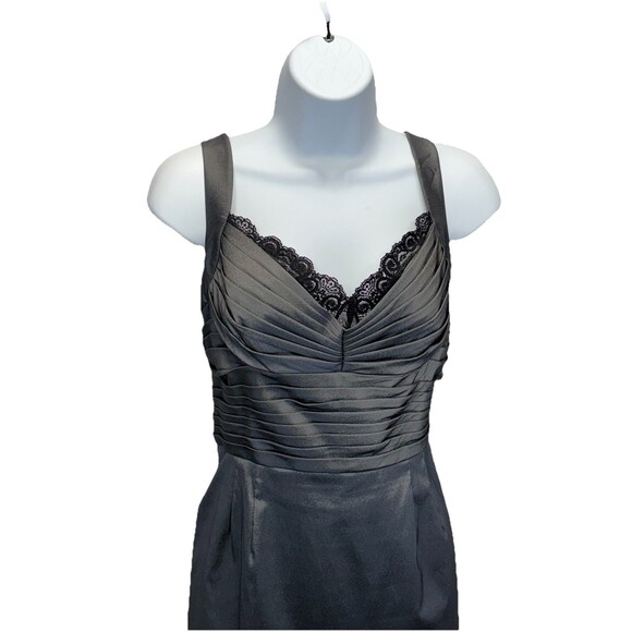 Adrianna Papell Cocktail Dress 12P Gray Pleated Bodice Black Lace Trim Sheath - Picture 4 of 8